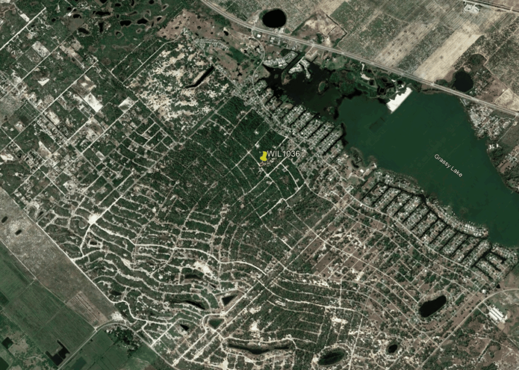 Satellite view showing a grid of roads through a green, suburban area with a large lake labeled Grassy Lake and a yellow pin marked WIL1036.