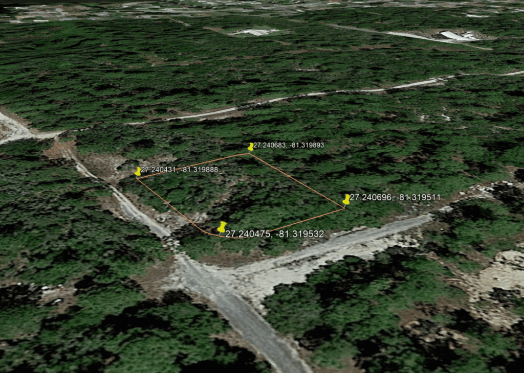 Aerial 3D view of a forested hillside with an orange-outlined land parcel and four yellow boundary pins, each labeled with GPS coordinates (27.240431, -81.319888), (27.240683, -81.319893), (27.240696, -81.319511), (27.240475, -81.319532).