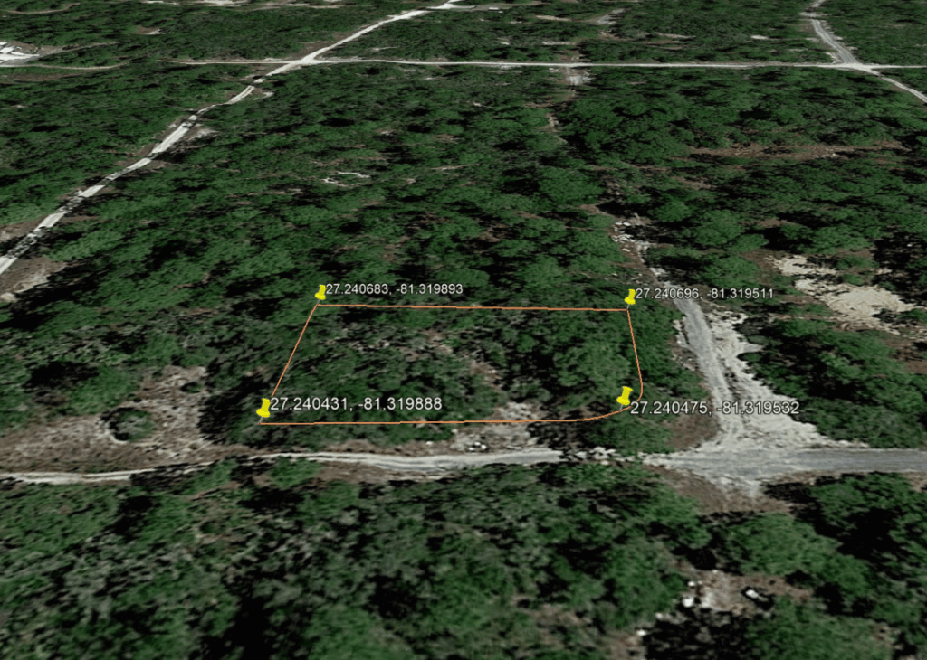 Aerial view of a forested rectangular plot outlined in orange, with four GPS corner markers labeled by coordinates (27.240683,-81.319893; 27.240696,-81.319511; 27.240431,-81.319888; 27.240475,-81.319532).