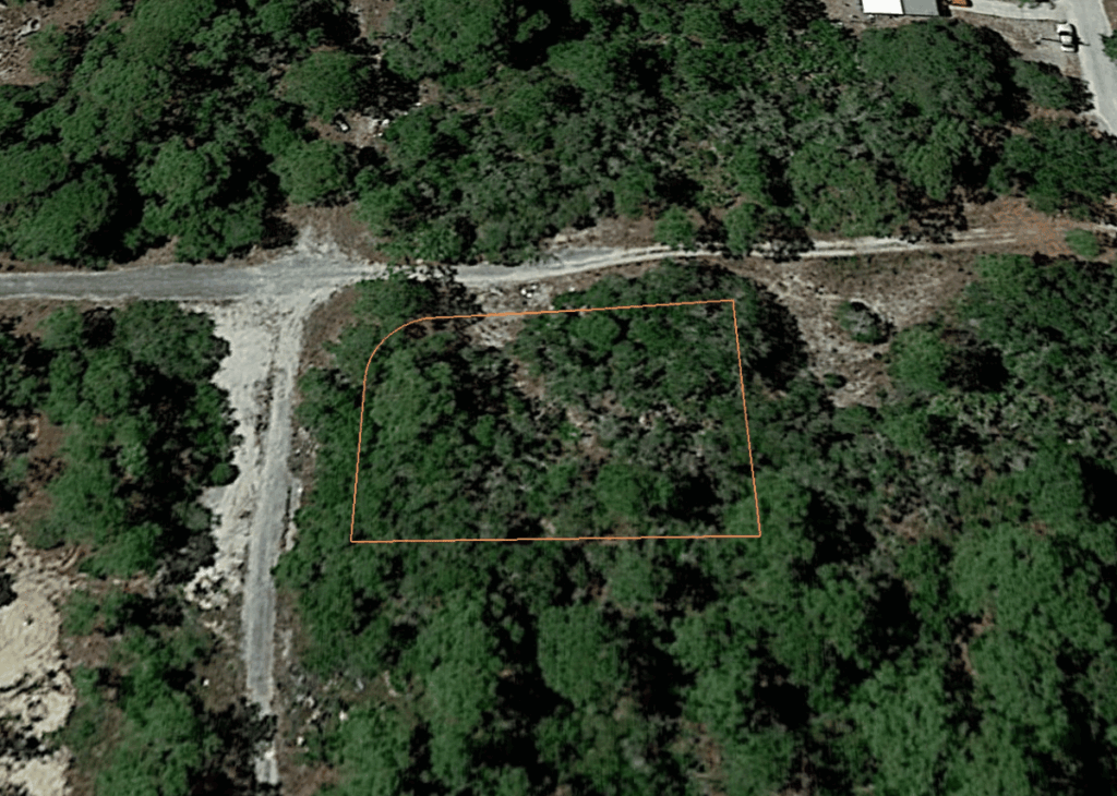 Aerial view of a wooded plot outlined in orange, bordered by a dirt road on the left and a road at the top, showing dense trees inside the rectangular boundary.