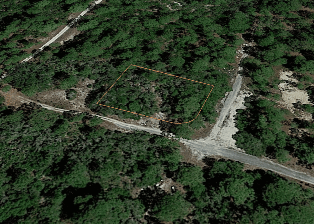 Aerial view of a forest with an orange-outlined rectangular land parcel bordered by a dirt road.