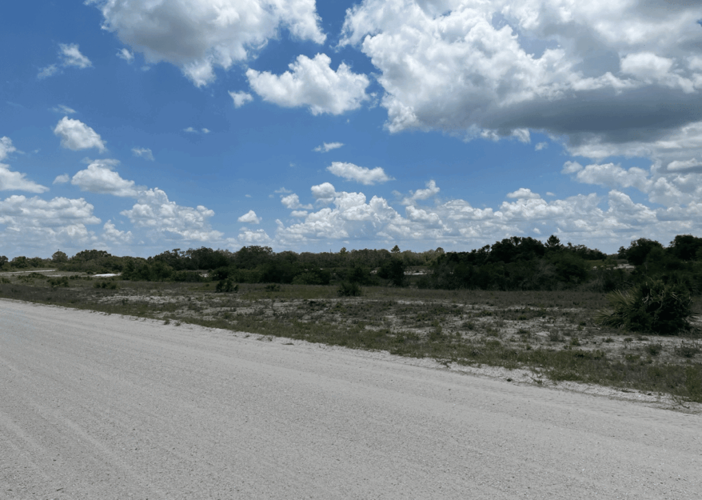 Gravel road in a sparse rural landscape with low shrubs and trees under a bright, partly cloudy sky.