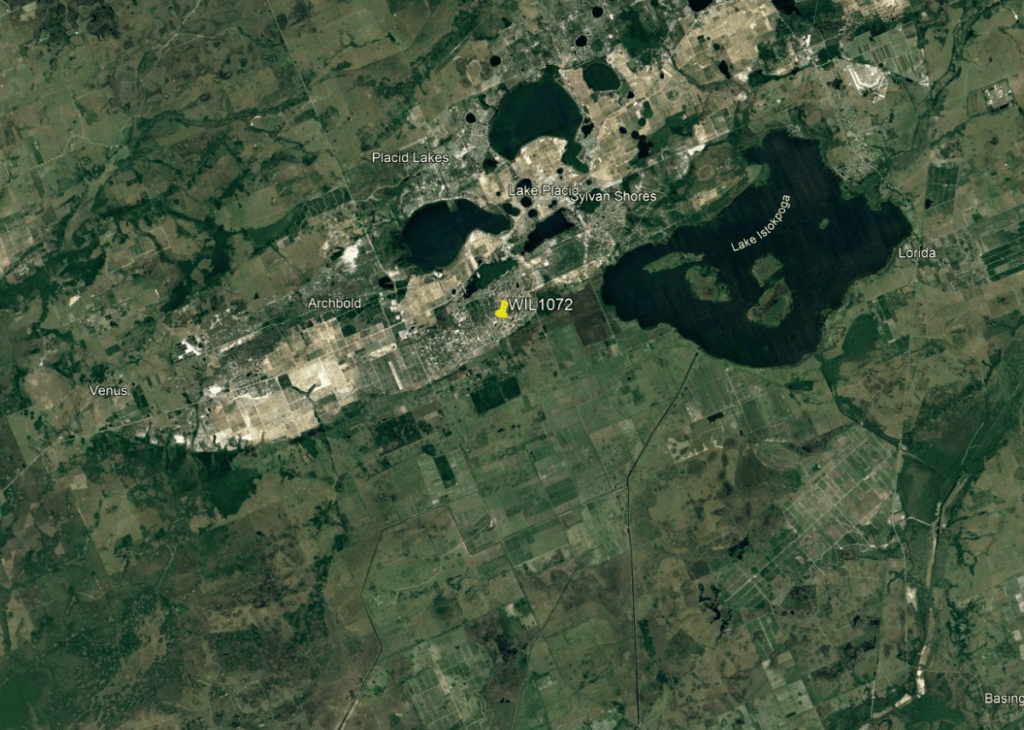 Satellite map showing a yellow pin labeled WIL1072 near Archbold, with Lake Placid and Venus nearby.